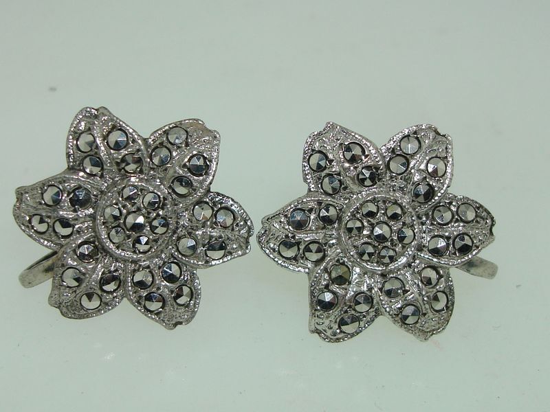 Vintage Sterling Silver Marcasite Flower Earrings