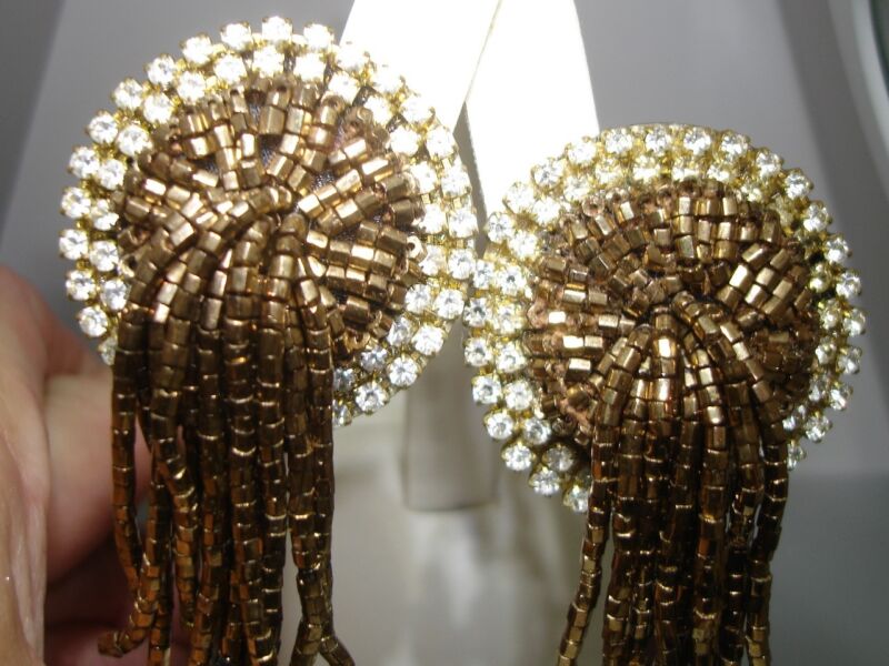 Vintage 1980s rhinestone and copper bugle bead dangle clip-on earrings