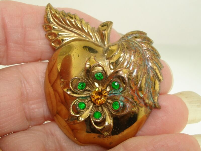 Vintage Coro gold-tone apple brooch with rhinestones
