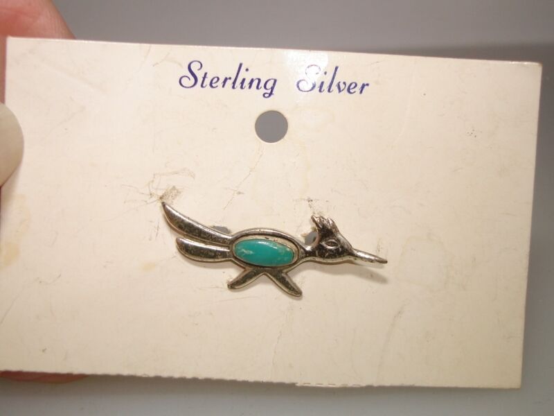 Vintage Native American Sterling Silver Roadrunner Turquoise Pin