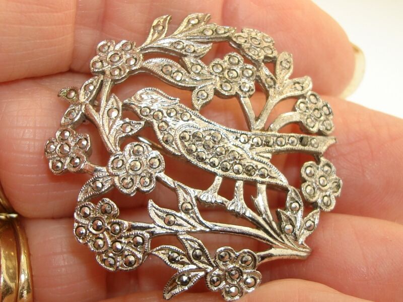 Vintage Art Nouveau sterling vermeil marcasite bird pin with floral design
