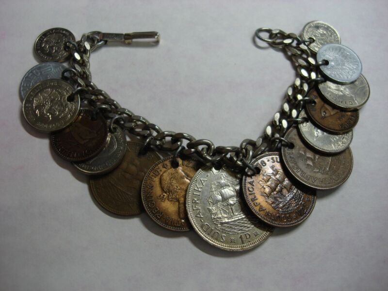 Vintage travel coin bracelet featuring 15 unique world coins from South Africa to Mexico