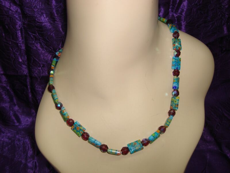 Blue Millefiori and AB Amethyst Glass Bead Necklace