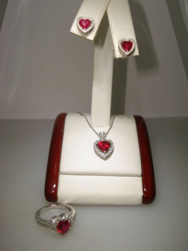 Sterling Silver Pink Topaz Heart Jewelry Set - Necklace, Ring & Earrings