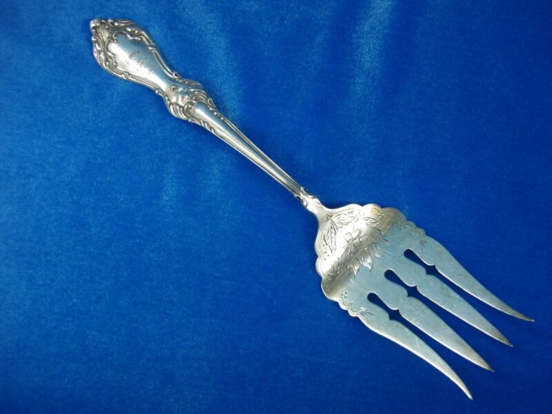 Antique sterling silver meat fork, engraved floral design, Manchester Mfg Co., 1907