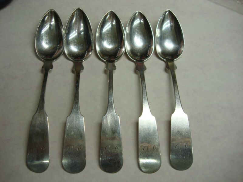 Set of 5 antique coin silver spoons by Jones, Lowes & Ball