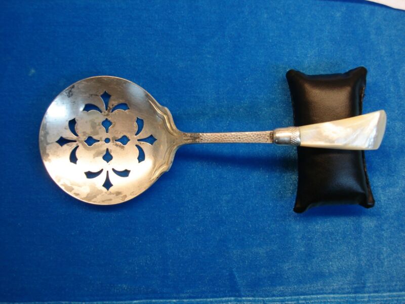 Vintage Sterling Silver Tomato Server with Hammered Handle and Mother-of-Pearl Top