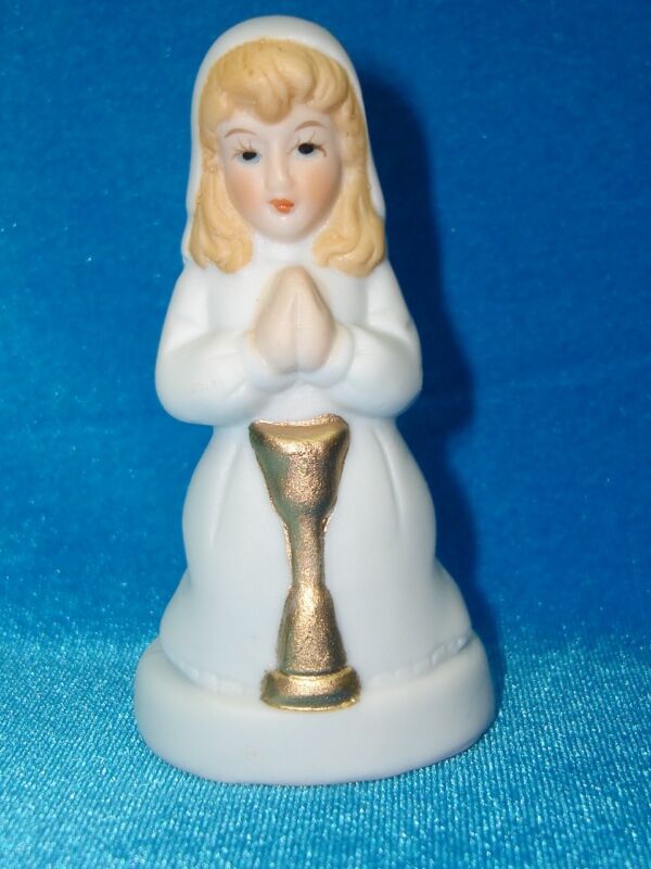 Vintage bisque confirmation girl figurine kneeling in prayer, 3.5 inches tall, new in original box