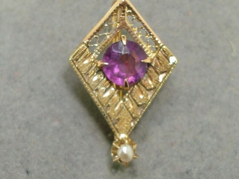 Antique Art Deco stick pin with faux amethyst and pearl