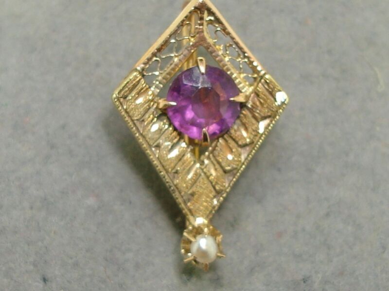 Antique Art Deco stick pin with faux amethyst and pearl