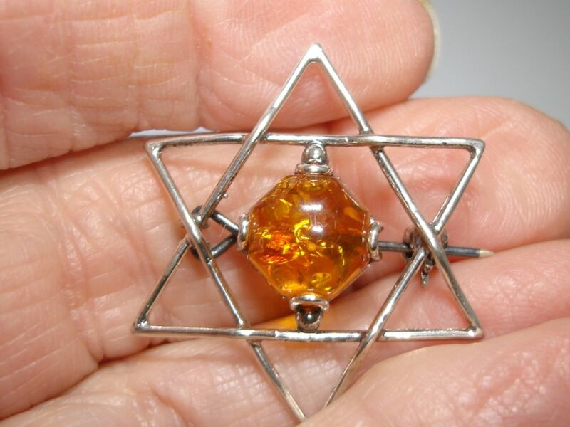 Vintage sterling silver and amber Star of David brooch