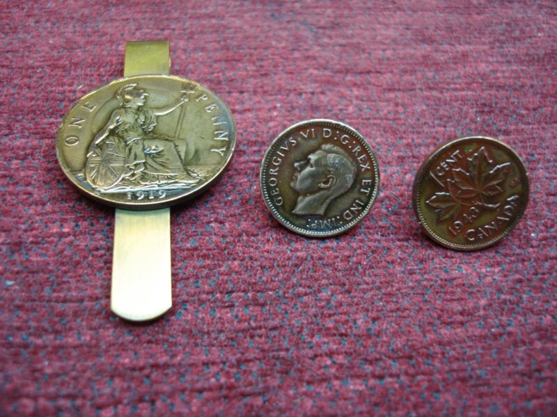 Vintage 1919 British Penny money clip and 1940s Canadian Cent earrings