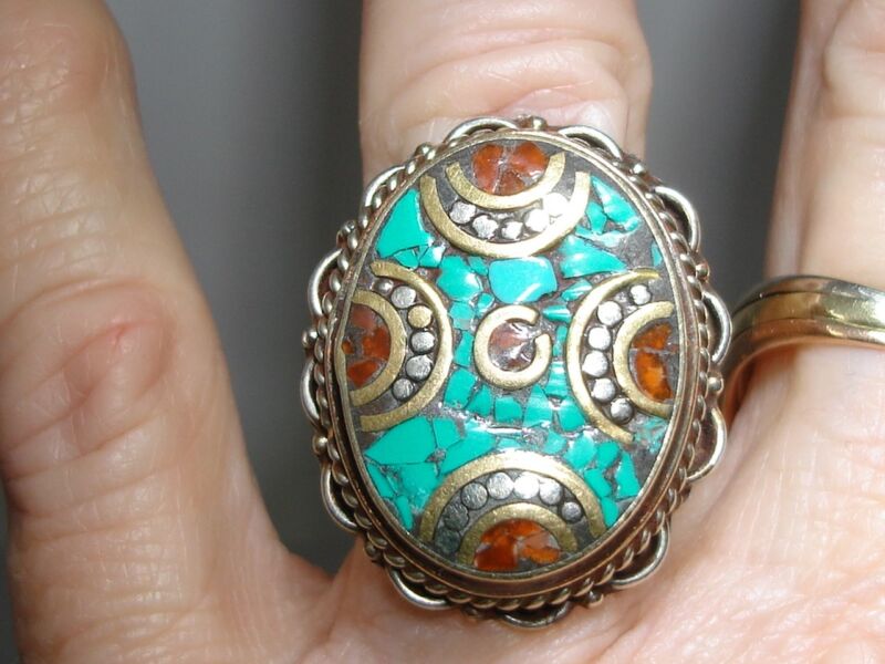 Vintage turquoise and amber glass inlay gold wash ring, size 7