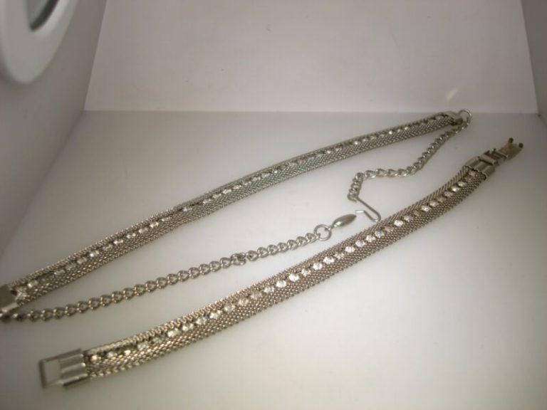 Vintage 1940s-50s Silver Mesh Rhinestone Choker and Bracelet Set