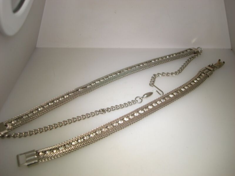 Vintage 1940s-50s Silver Mesh Rhinestone Choker and Bracelet Set