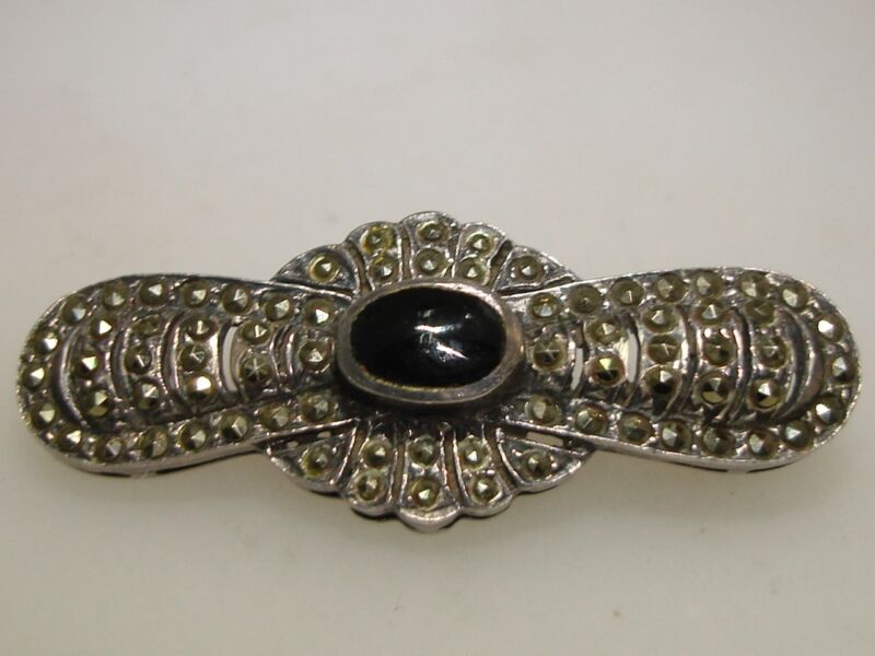 Vintage sterling silver onyx and marcasite brooch pin