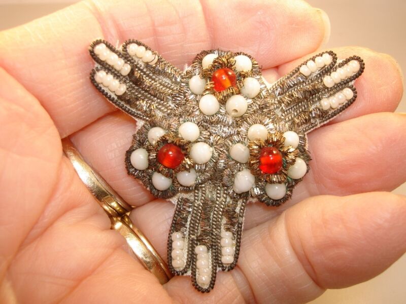 Victorian milk glass and tinsel beaded applique pin