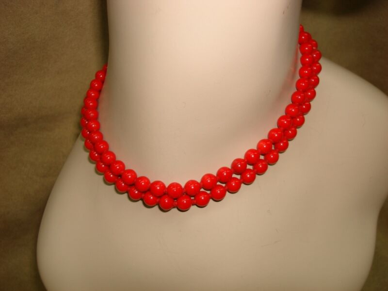 Vintage 1960s red glass bead necklace, hand knotted statement piece