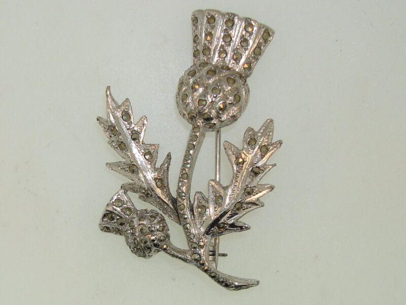 Vintage Celtic thistle pin in silver vermeil with marcasites, 1950s