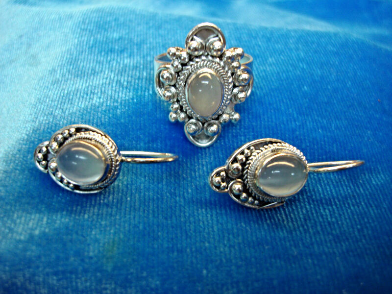 Sterling silver moonstone ring and earring set, size 6