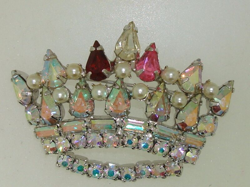 Vintage rhinestone and faux pearl crown pin, Aurora Borealis