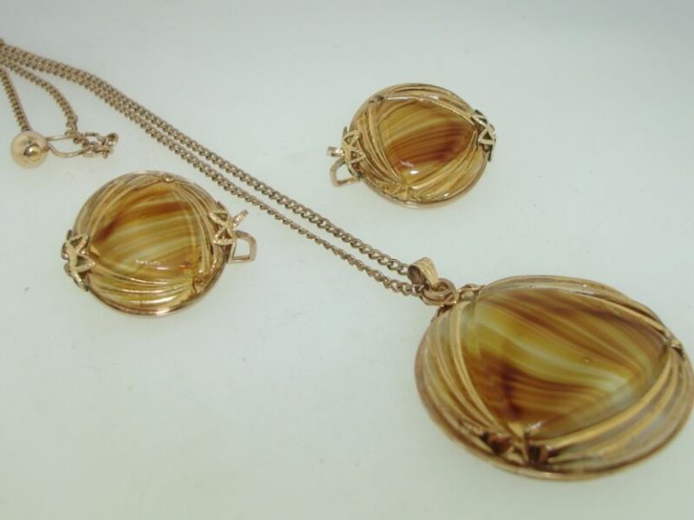 1960s Hillcrest gold-filled art glass necklace and earring set