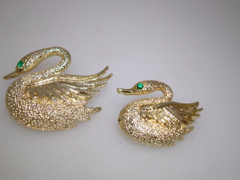 Vintage Gerry's Swan Scatter Pins - Gold Tone, Green Rhinestones