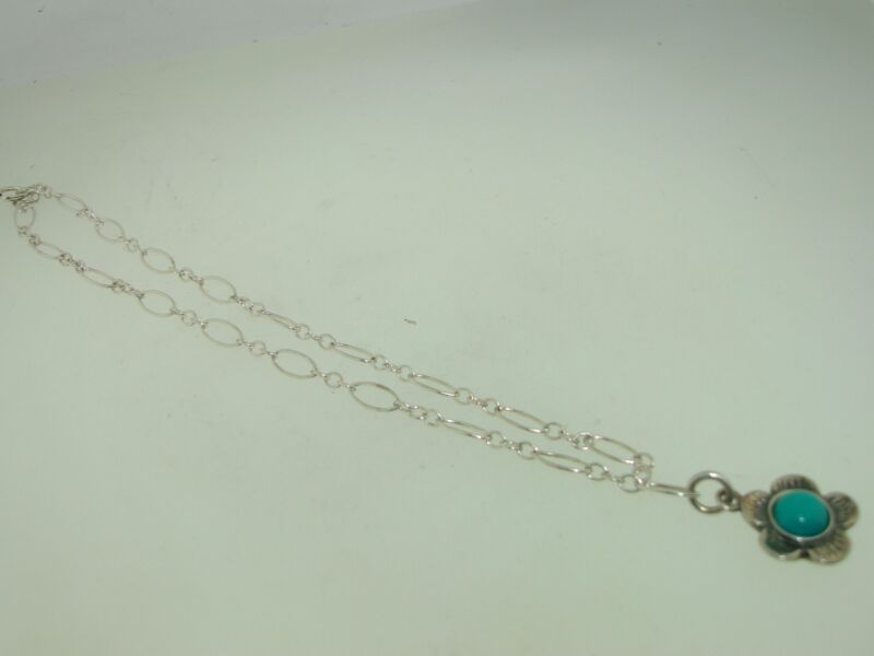 Sterling silver ankle bracelet with turquoise flower charm, signed 925