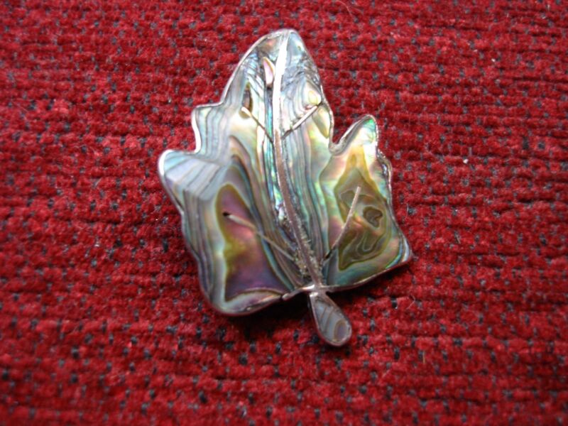 Taxco sterling silver abalone leaf pin with iridescent shell inlay