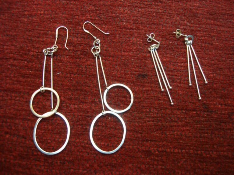 Sterling silver dangle and stud earrings, two pairs, unique design