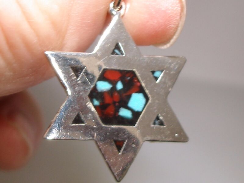 Vintage sterling silver Star of David pendant with turquoise and coral inlay