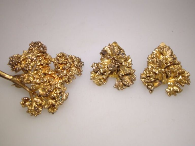 Vintage Flora Danica Gold Vermeil Pin and Earrings Set by Eggert Denmark