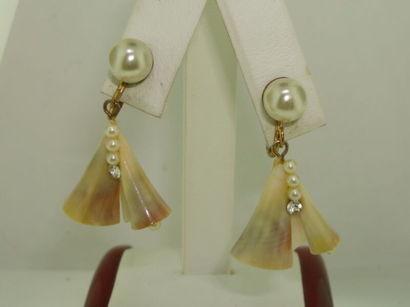 Vintage 1940s curled seashell faux pearl rhinestone earrings