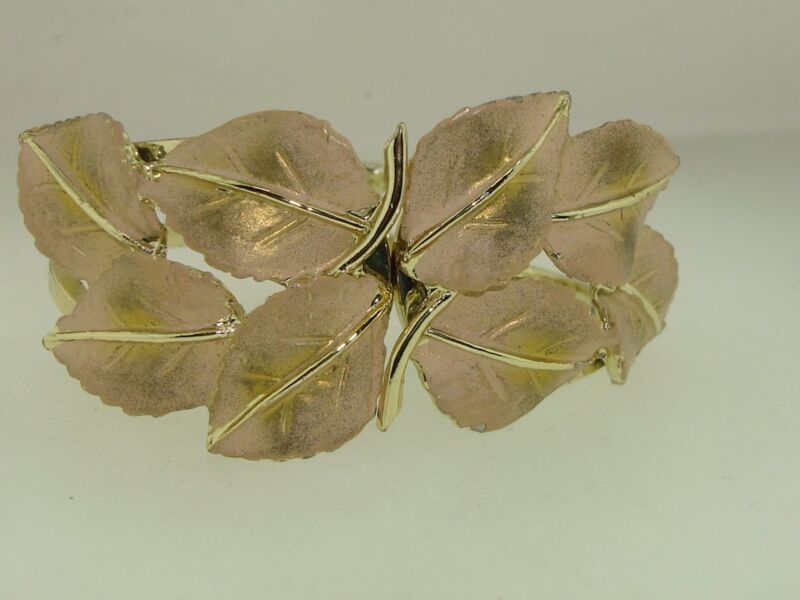 Vintage 1960s gold-tone enamel leaf clamper bracelet