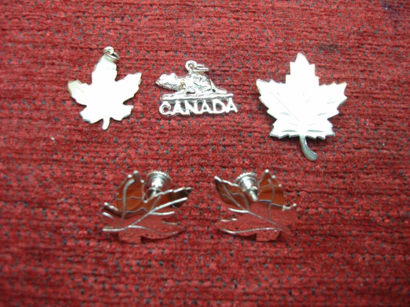 Sterling silver maple leaf jewelry set with beaver charm, includes pin, pendant and earrings