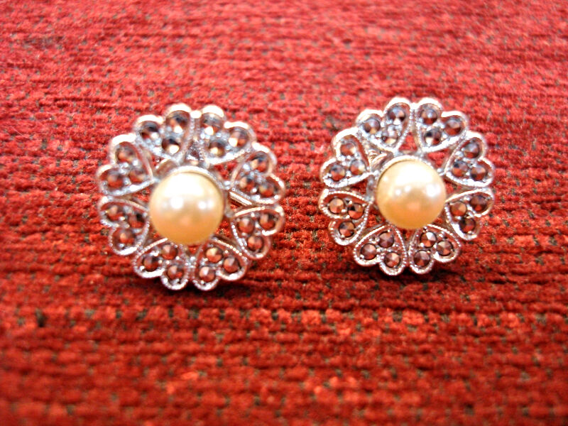 Vintage Sterling Silver Marcasite & Simulated Pearl Earrings, Signed K.D.