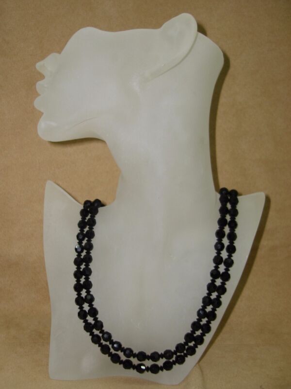 Vintage Art Deco Austrian black glass bead necklace with two strands and diamond-shaped rondelle accents