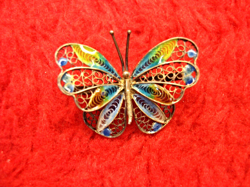 Vintage .800 Silver Butterfly Pin with Variegated Enamel