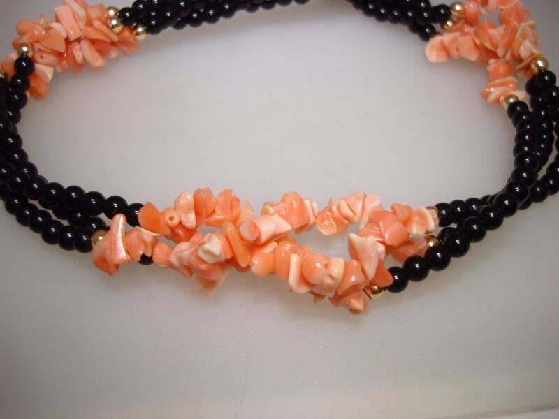 Vintage black onyx and coral necklace with twisted strands and brass clasp
