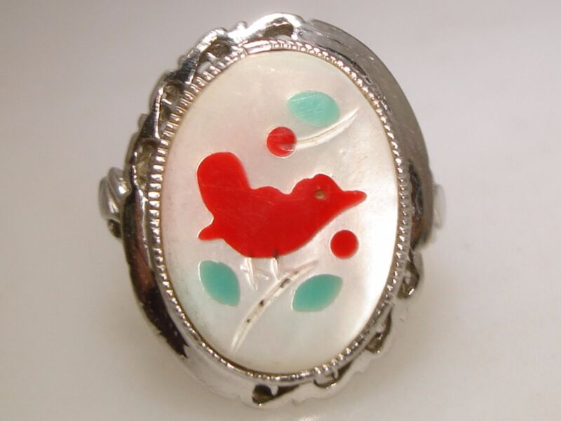 Vintage sterling silver filigree ring with mother-of-pearl inlay and Art Nouveau bird design