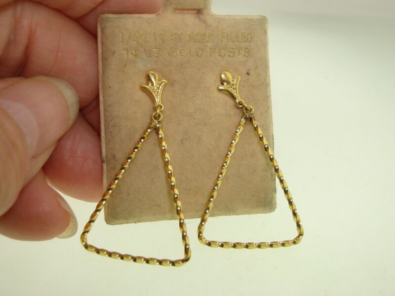 Vintage 12K gold filled triangle dangle earrings, new old stock (N.O.S.) with original card