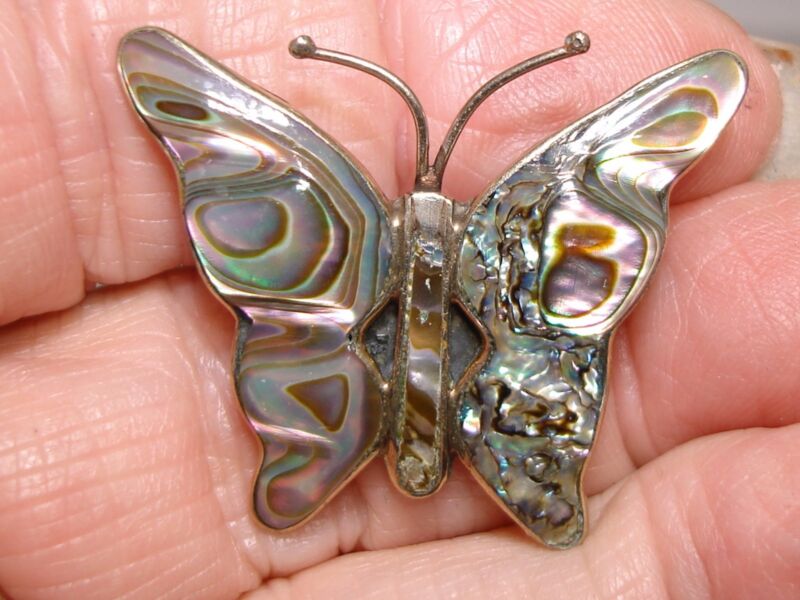 Vintage Mexican alpaca silver butterfly pin with iridescent abalone