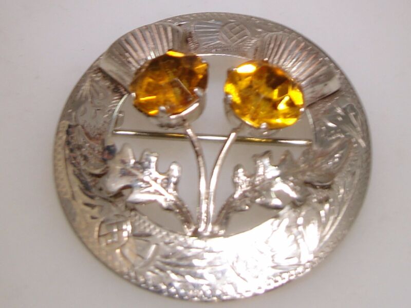 Vintage Ward Bros sterling silver Celtic thistle brooch with rhinestones and topaz