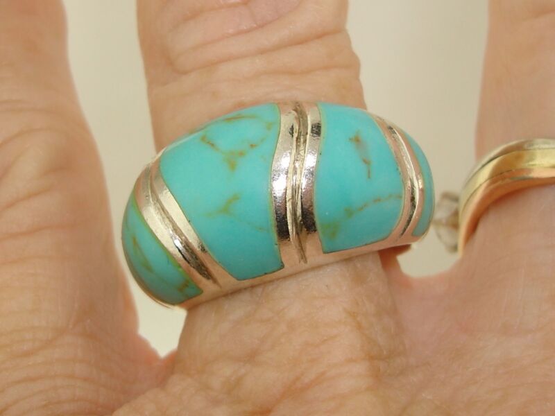 Vintage 925 Sterling Silver Faux Turquoise Dome Ring Size 7 3/4
