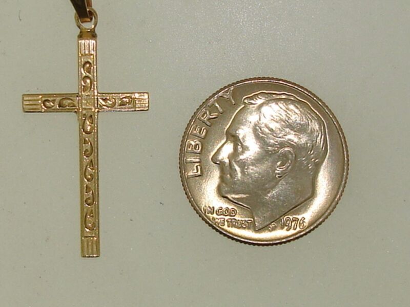 Vintage 1940s gold-filled cross necklace by H.F. Barrows with etched design
