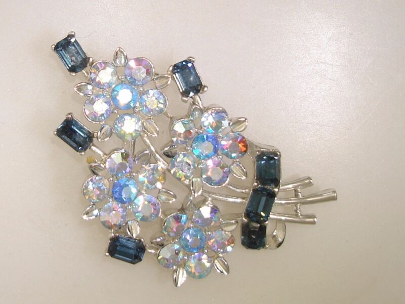 Vintage USNER Silver Vermeil Floral Pin with Aurora Borealis Rhinestones
