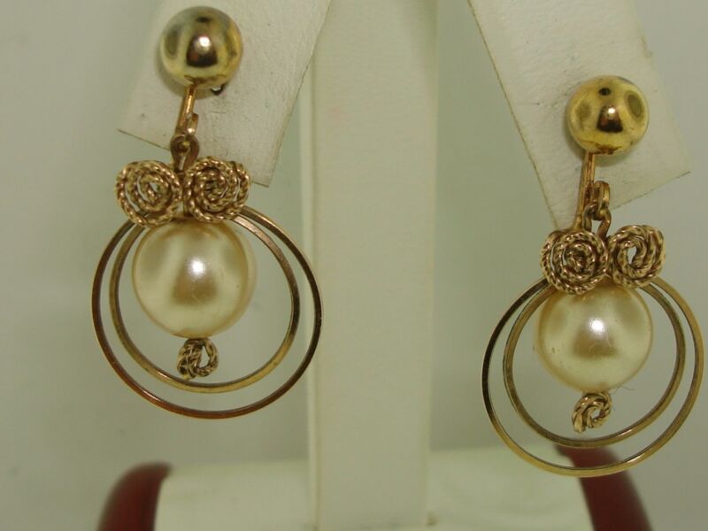Vintage 1960s gold wire wrapped faux pearl dangle earrings