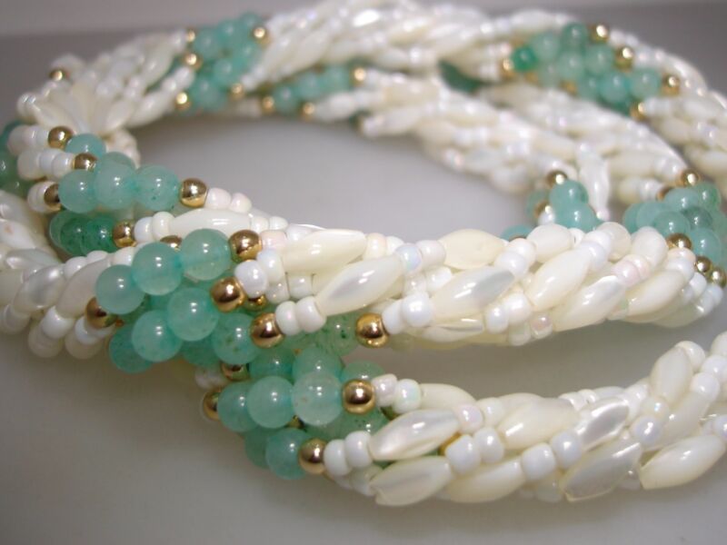 Vintage 1980s six strand MOP and jade bead necklace with gold accents