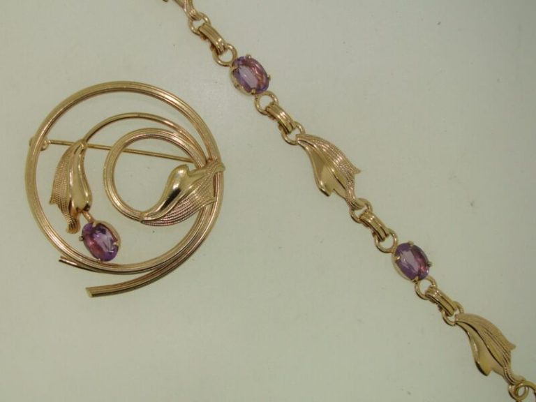 Vintage 1960s AMCO gold-filled amethyst pin and bracelet set