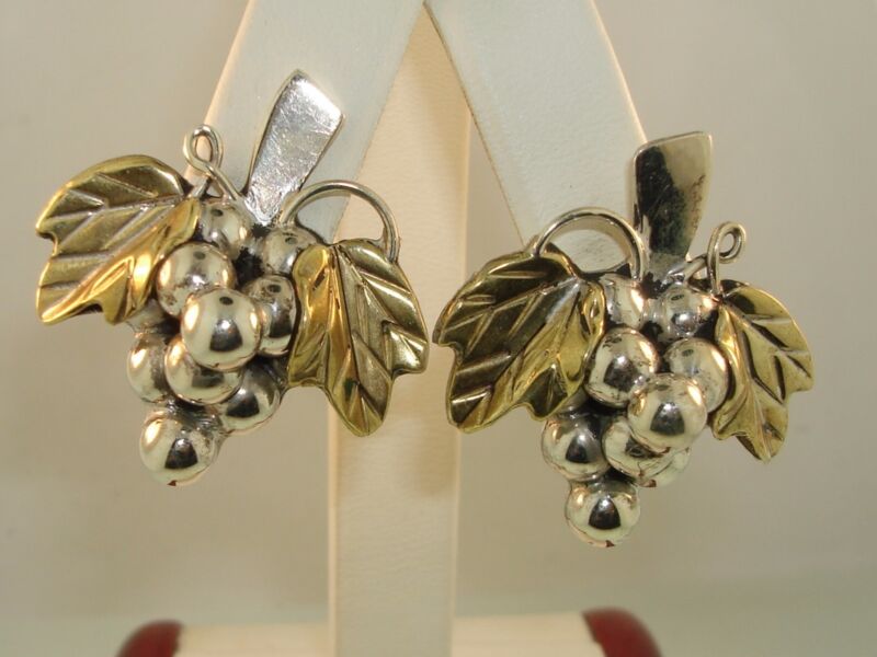 Vintage Sterling Silver Grape Cluster Earrings, Mexico 925 with Gold Wash Leaves